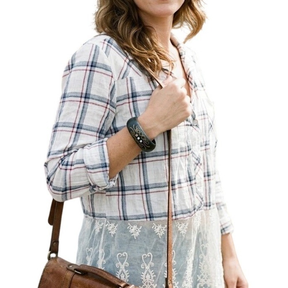 Boho Plaid‎ Lace Trim Tunic Shirt White Blue Red Long Sleeve V-Neck Mixed Media